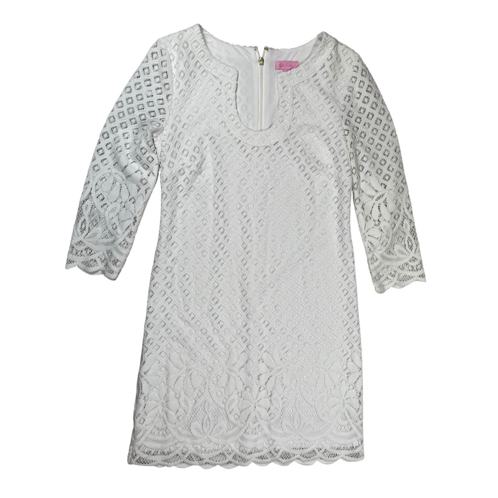 Lilly Pulitzer Lace Shift Dress Womens Small White 3/4 Sleeve Scalloped Wedding